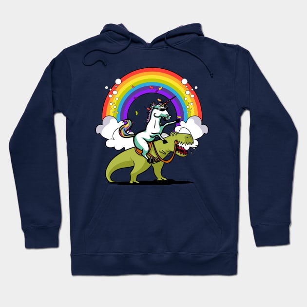 Unicorn Riding T-Rex Dinosaur Party Hoodie by underheaven